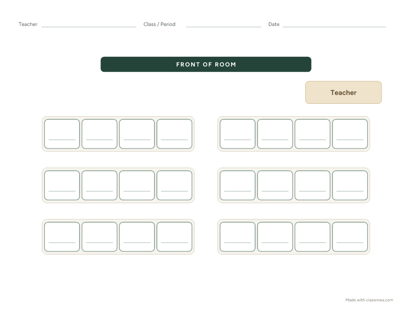Blank lab classroom seating chart template with 6 benches of 4