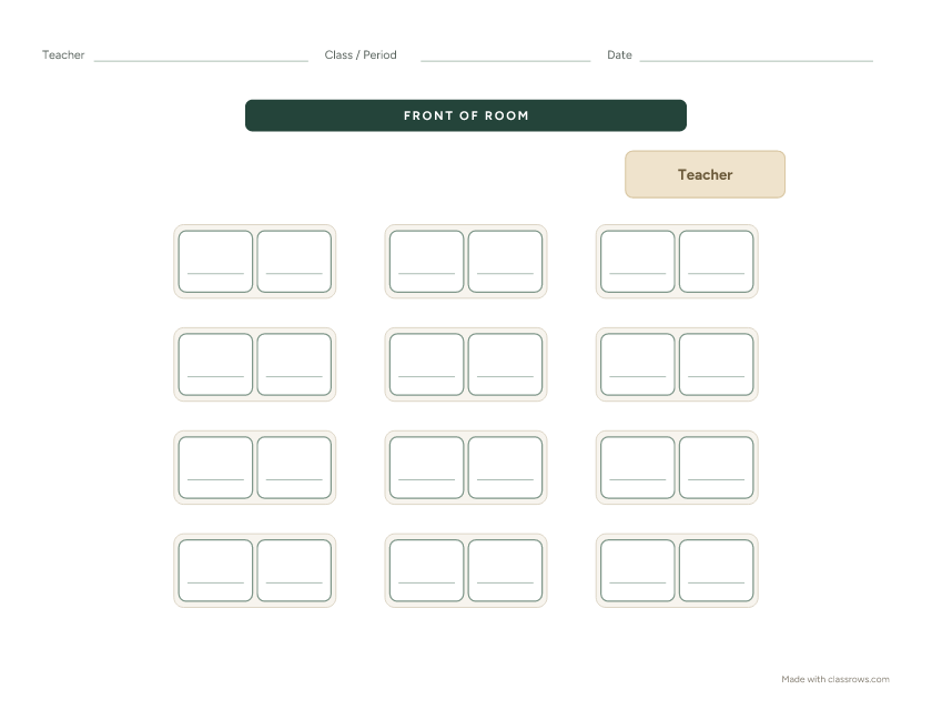 Blank classroom seating chart template with 12 paired desks