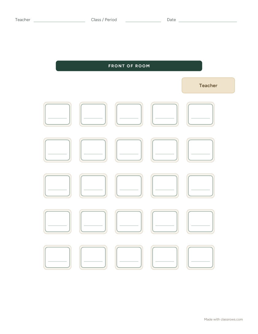 Blank testing seating chart template with 25 spaced desks